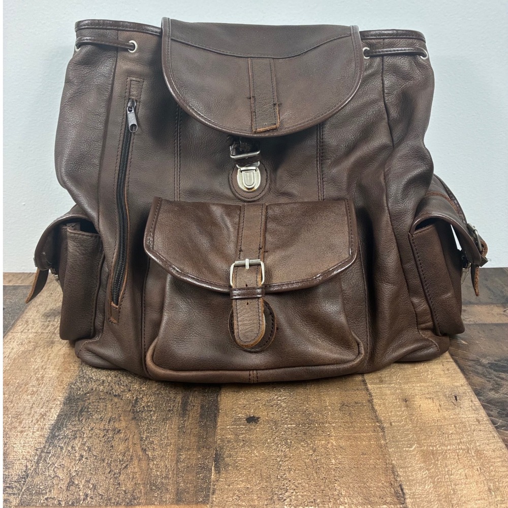 Vintage Marlboro Adventure team Leather Backpack Rucksack Brown Large